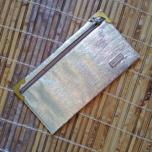 Roots Silver Foiled Leather Clutch Gold Accents